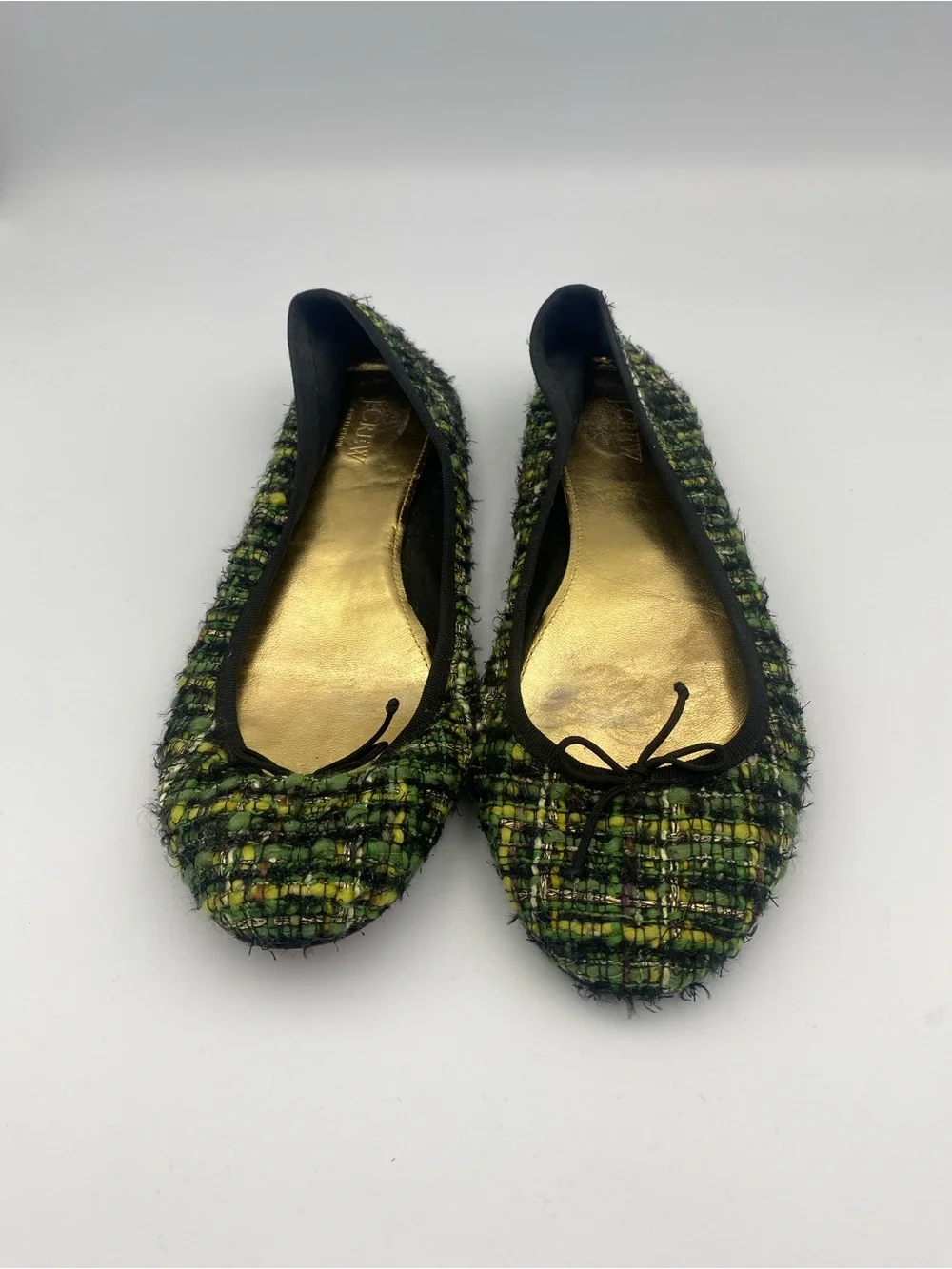 J. Crew Green Tweed Ballet Flats with Gold Insole